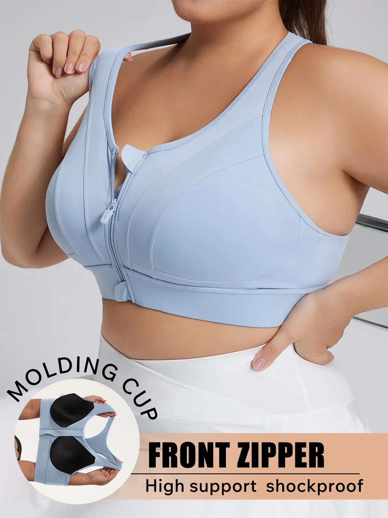 Women's Plus Size Solid Wireless Impact Sports Bra, Wireless Sports Bras with Front Zipper Design, Quick-Dry Polyester Fabric, Ideal for Running & Yoga, Casual Style, Workout Bra, Training Bra, Exercise Bra