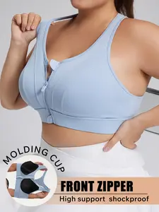 Women's Plus Size Solid Sports Bra with Front Zipper Design, Quick-Dry Polyester Fabric, Ideal for Running & Yoga, Casual Style