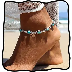 Boho Turquoise Anklet Silver Vintage Ankle Summer Beach Adjustable Foot Jewelry for Women