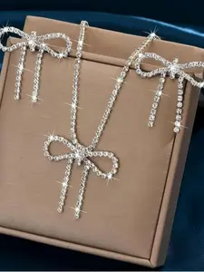 Bow Design Rhinestone Decorated Necklace & Earrings, Fashion Jewelry for Party, Daily Clothing Decor, Trendy All-match & Exquisite Jewelry for Birthday Gift