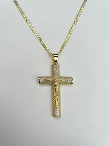 14K genuine gold plated cross necklace for men, matte paper clip necklace with Jesus cross pendant, Christian religious jewelry gift, Christmas gift