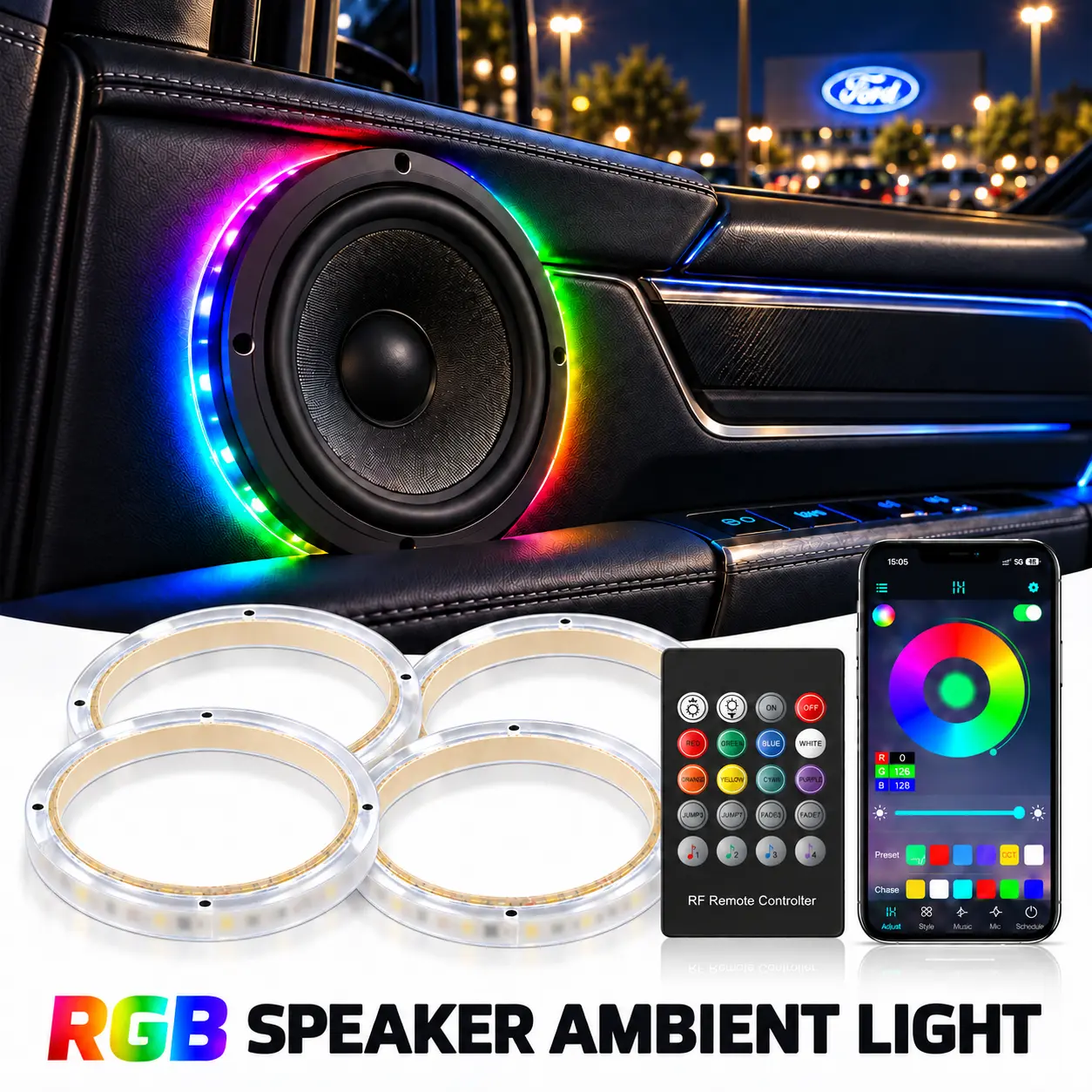 Unionlux 6.5/8/12 Inch RGB LED Speaker Rings, Waterproof Multi-Color Speaker Light Ring Spacer for Car Audio Speakers Subwoofers, Automotive Interior Lighting