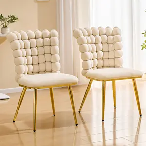 2 PCS Velvet Swivel Accent Chair, Cream Bubble Tufted Lounge Chair with Gold Legs, Space-Saving Armless Desk Vanity Chair for Small Living Room Bedroom