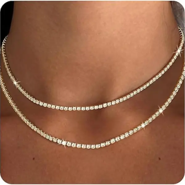 Double Layer Tennis Necklaces for Women - Dainty 14K Gold and Silver CZ Tennis Necklace Simple Tennis Chain Sparkly Diamond Choker Necklaces for Women Trendy Silver Jewelry