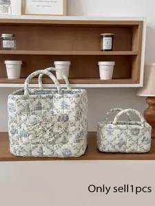 2026Vintage Blue Floral Quilted Tote Bag, Aesthetic  Print Basket Bag, Cute Floral Handbag for Women, Travel & Daily Use, Quilted Puffy Bag