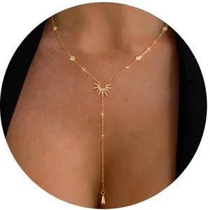 Greenish Spring Jewelry Lariat Gold Long Necklace for Women Trendy Layered Y Necklace Dainty Pendant Drop Dangle Necklace Y-Shaped Necklace Simple CZ Necklace for Women Jewelry,Valentine's Day Gift