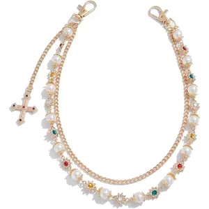 BY-400   Fashion Layered Pants Wallet Chains - Exquisite Gold Silver Rhinestone Flower Pearl Jean Pocket Chain for Women Men Cute Bag Purse Charms Jewelry