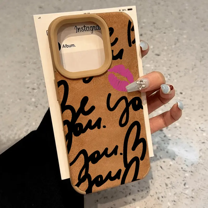 Luxury Matte Lambskin Faux Leather Smartphone Casing for iPhone 11,12,13,14,15 Plus,16 Pro Max,XR,XS - Pink Lip Print, Anti-Scratch, Shockproof TPU Bumper, Drop-Proof Cover for Handheld Cellphone Devices, Protection