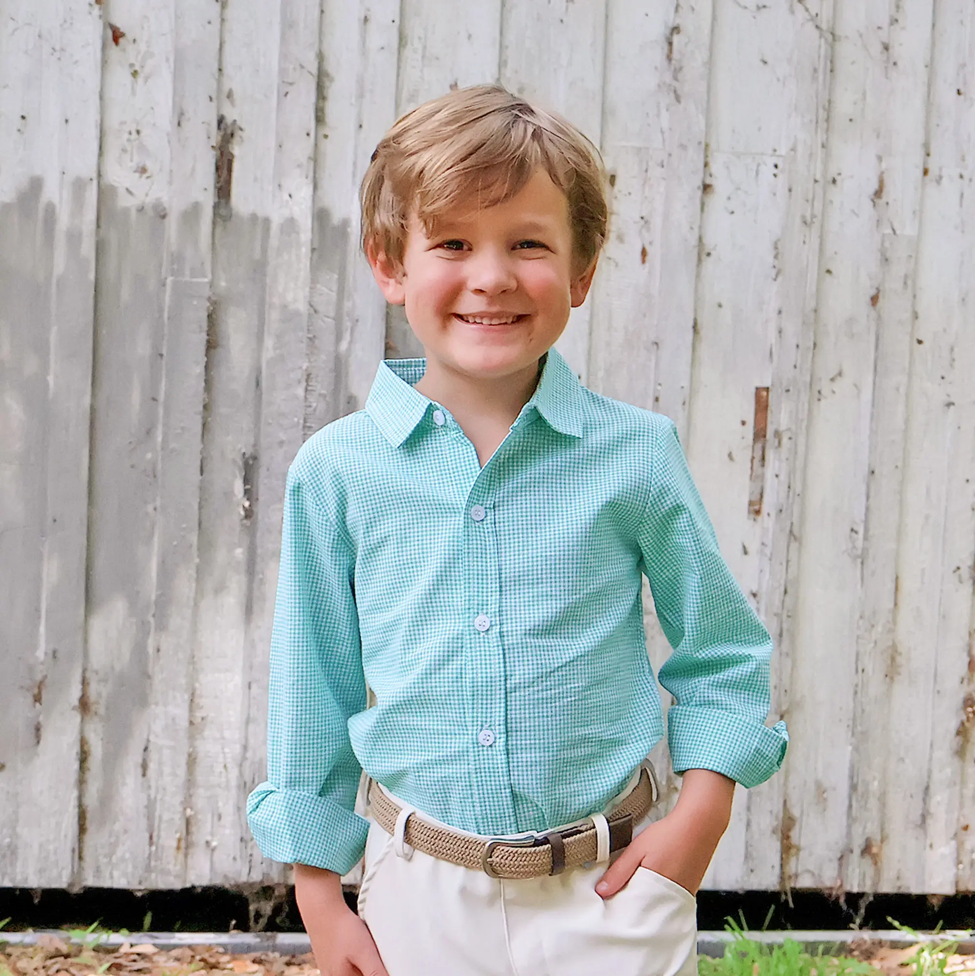 Mint Green Gingham Boy Button Down Shirt