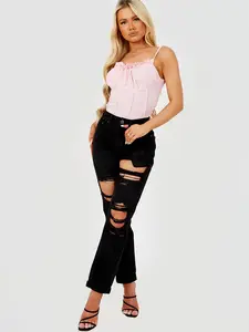 Cut Me Up Distressed Black Denim Jeans - Summer Casual Wear with Unique Distressed Look & Versatile Style for Everyday Outings Streetwear Womenswear Pants