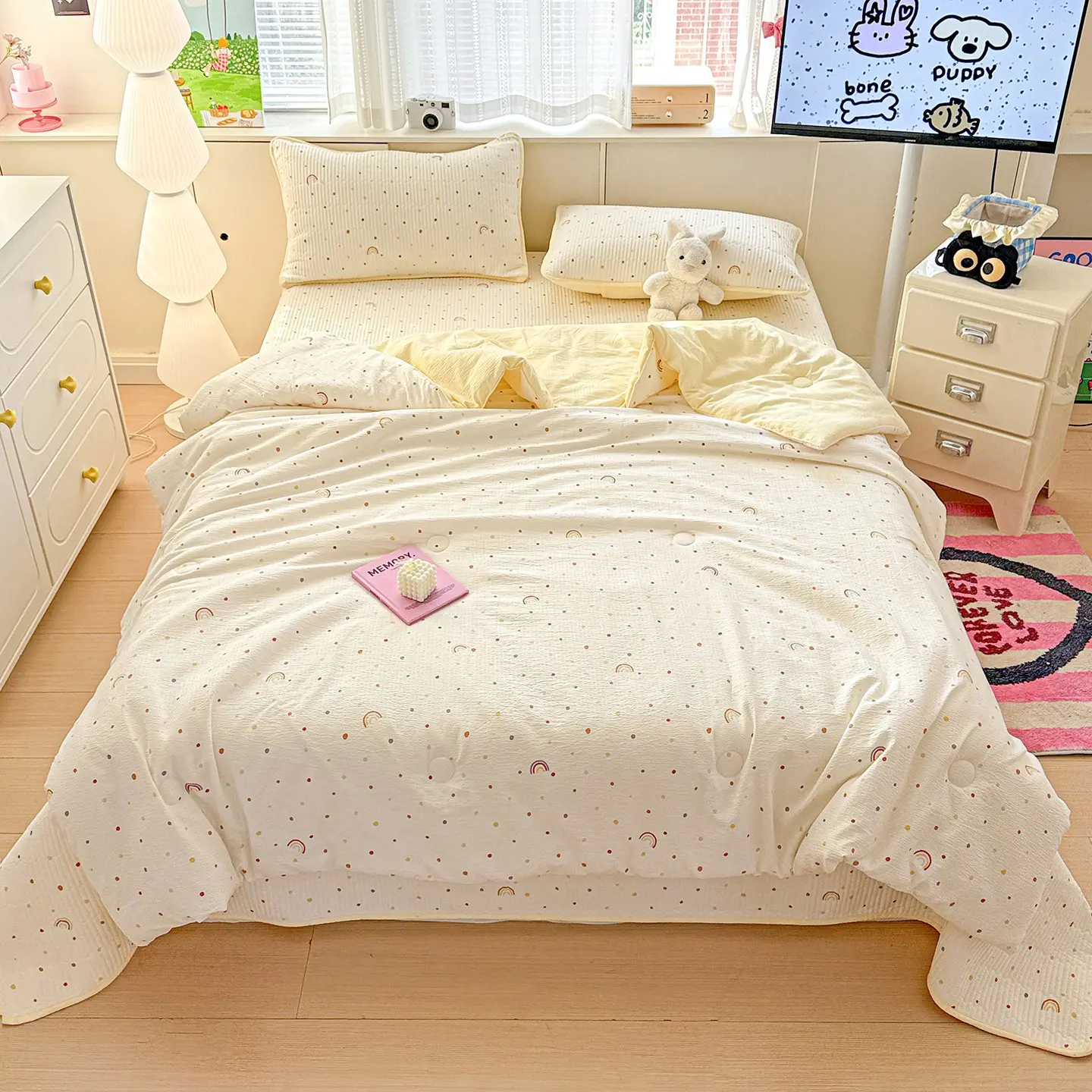 Double Layered Washable Cotton Summer Quilt, Soft Fluffy Feel, Floral Print, Suitable for Bedroom, Guest Room, Dormitory, Lightweight Bedding, Breathable Summer Quilt