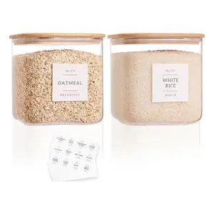 2 Pack Square Glass Flour and Sugar Containers with 132 Kitchen Pantry Labels - Thicken 85 FL OZ Large Glass Storage Jars with Airtight Bamboo Lid - Big Food Canisters for Cookies, Candy, Tea, Coffee