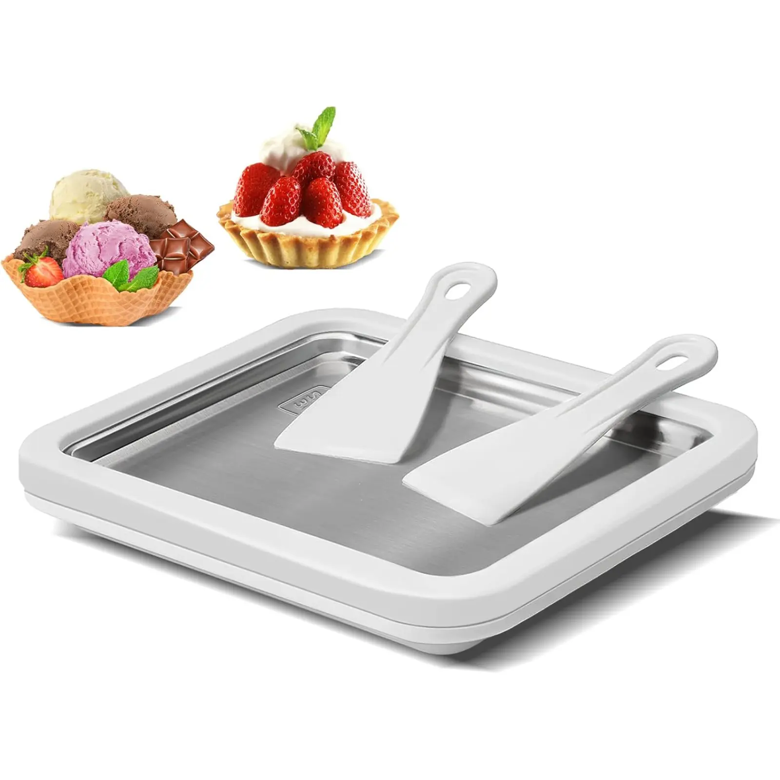 Stainless Steel Pan for DIY Ice Cream Rolls Smoothies & Frozen Yogurt White Durable with Spatulas for Easy Servicing