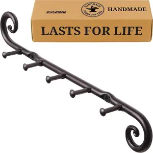 Farmhouse Small Key Holder for Wall - Handcrafted Swirl Decorative 5 Key Hooks for  Entryway - Wrought Iron Wall Mount Rack Purse Coat and Leash Holder or Organizer (Classic Black)
