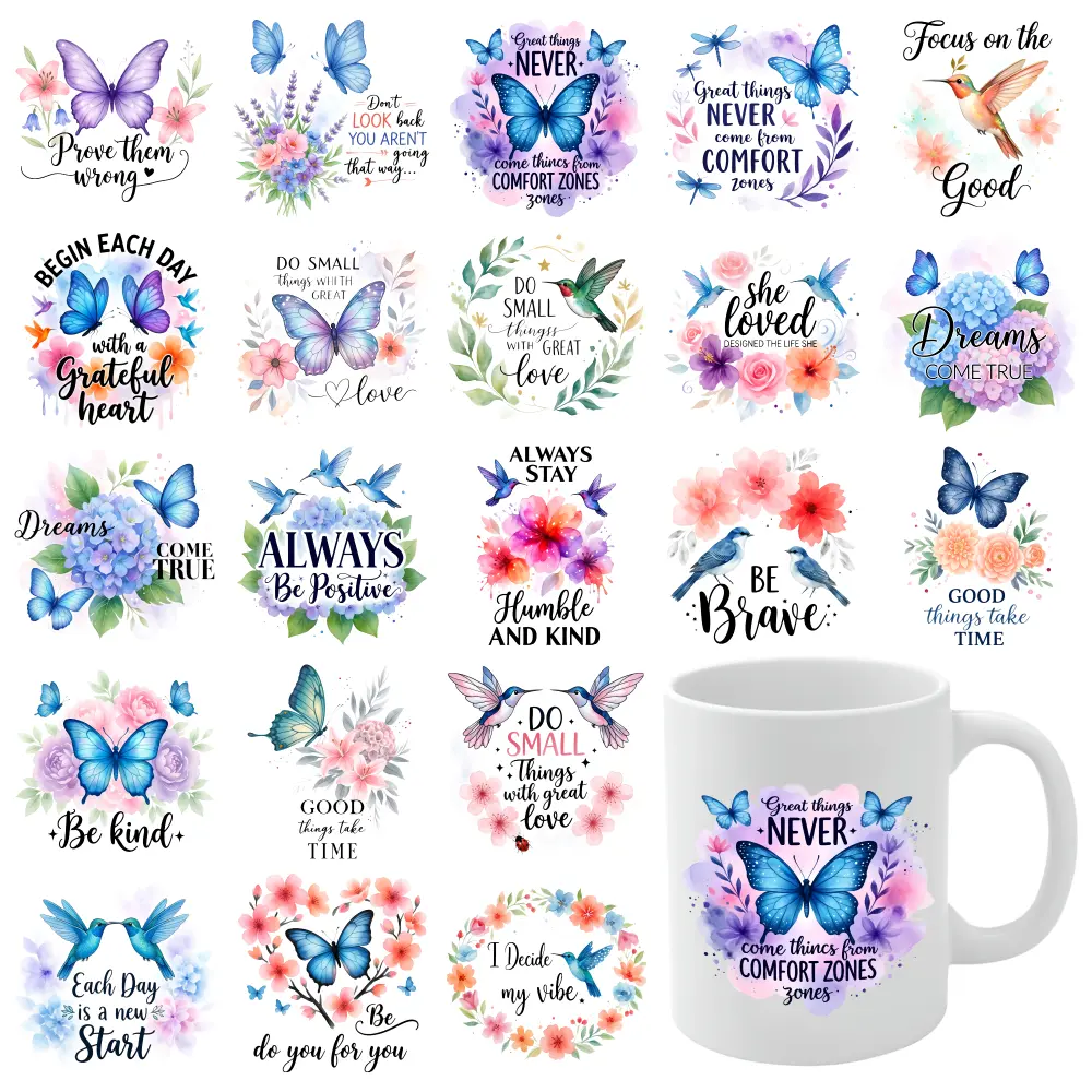 21 Pcs Butterfly Floral UV DTF Stickers Waterproof Rub on Transfers Glass DTF Transfer Stickers DIY Water Bottle Glass for 16 oz Tumbler Waterproof Decals