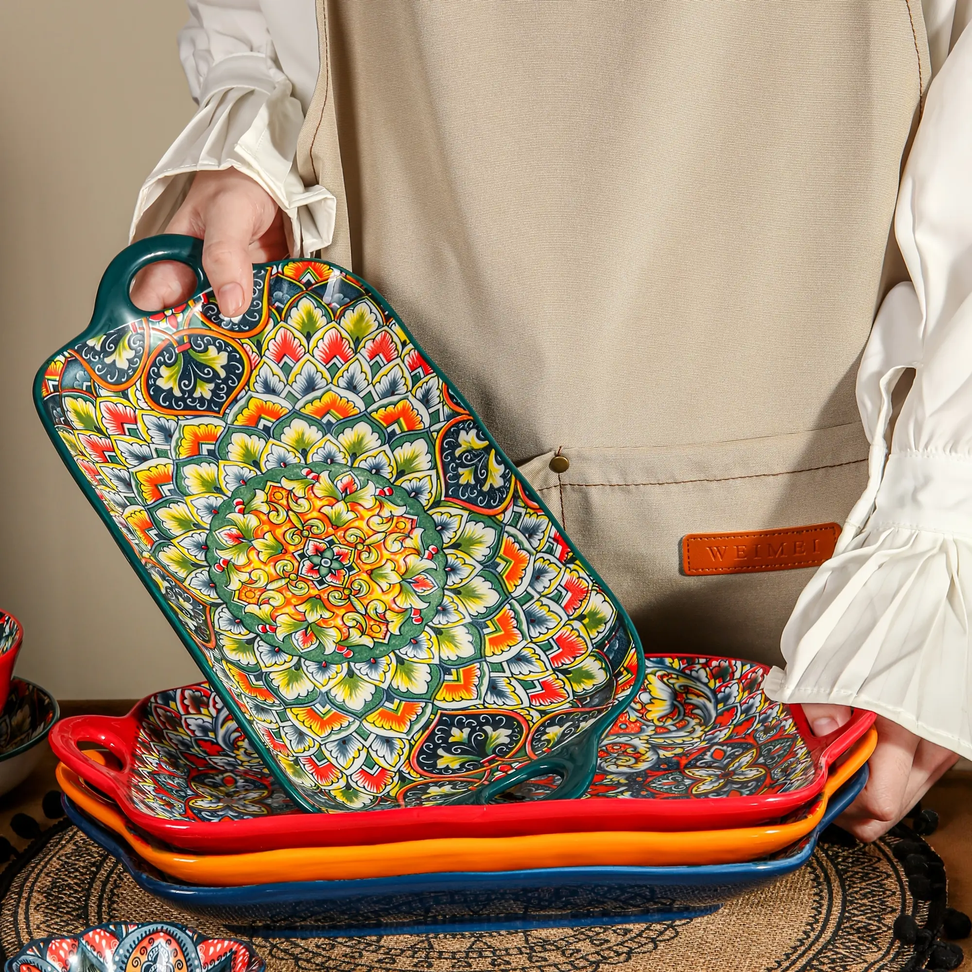 4 Pieces Bohemian Ceramic Rectangular Serving Plate Set, Handled Serving Trays Oven Microwave Safe for Charcuterie Fruit Pasta Salad Party Dinner Tableware