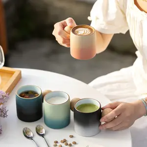70ML Ceramic Espresso Cup Set, 4 Pieces with Wood Handle, Gradient Color Demitasse Cups, Reusable Vintage Style, Hand Wash Only