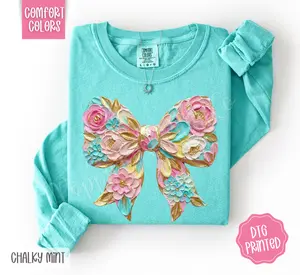 Floral Painted Bow Long Sleeve Comfort Colors, Trendy Women's Spring Shirt