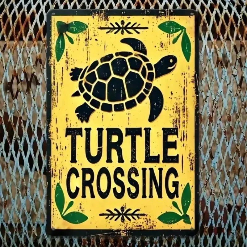 Vintage Turtle Crossing Sign 8x12 Inch Metal Wall Decor, Retro Distressed Rustic Wrought Iron Warning Plaque for Garden Patio Outdoor