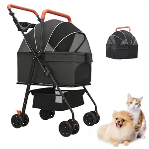 Foldable 4 Wheels Pet Stroller for Medium Small Dogs Cats with Storage Basket Adjustable Handle Suitable for Travel with Pets (Black)
