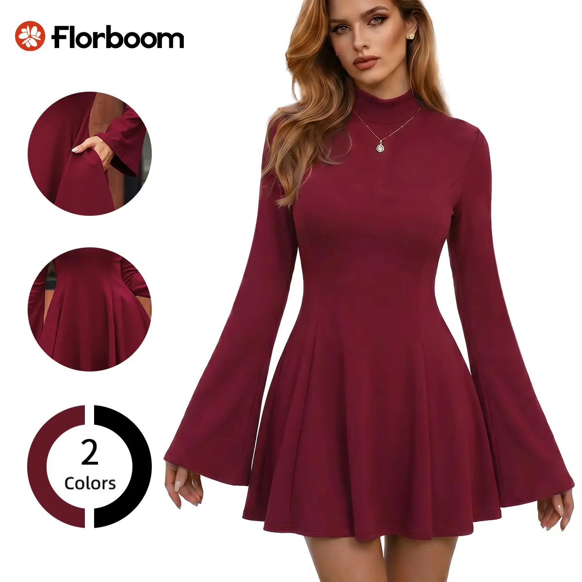 Florboom Women's Mock Neck Knit Mini Dress, Long Bell Sleeve, Fit and Flare Swing Dress with Pockets, Elegant A-Line Skater Dress for Christmas Holiday Party Date Night Fall Winter Outfit