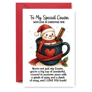 1PC Cute Christmas Greeting Card, Special Cousin Snowman in Mug Design, "To My Special Cousin With Love At Christmas Time" Card, Perfect for Cousin Holiday Season Sassy & Loving Wishes