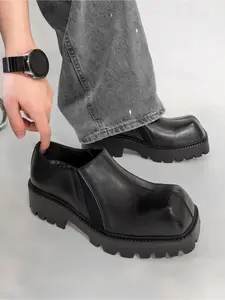 1 Pair Men Square Toe Loafers PU Thick Soled Trendy Business Casual Men Shoes