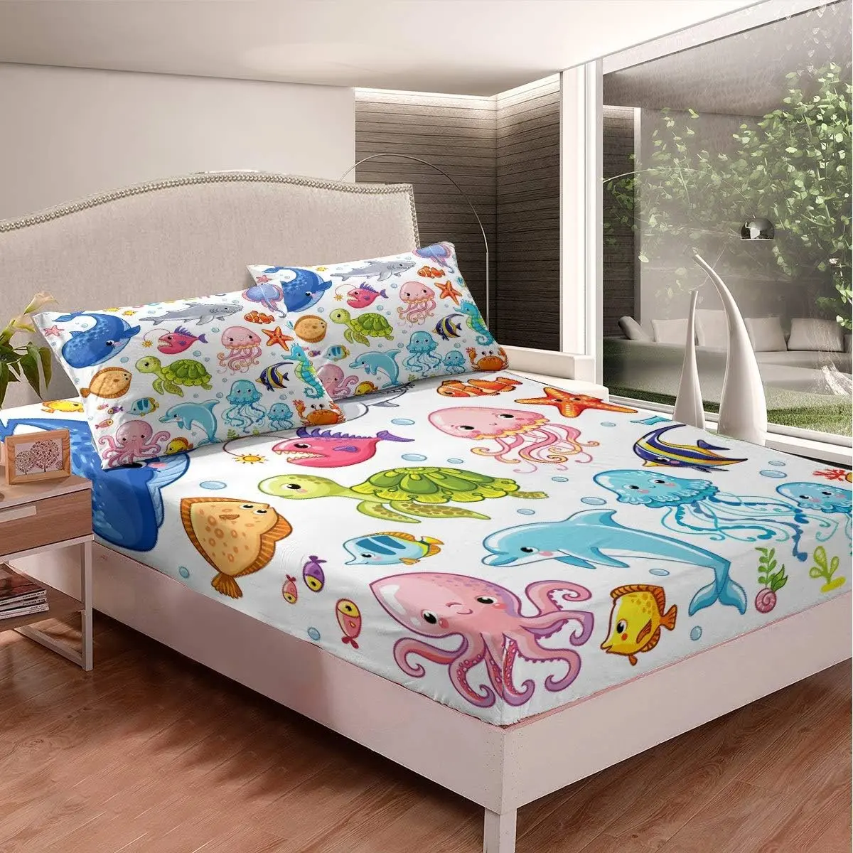 Feelyou Full Size Microfiber Bedding Set - Character & Graphic Fitted Sheet, Cute Dolphin Seahorse Jellyfish Cartoon Ocean Creature Sheets for Marine Underwater Room Decor, Character Fitted Sheets, Graphic Fitted Sheets