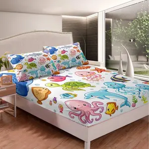 Feelyou Full Size Microfiber Bedding Set - Dolphin Fitted Sheet, Cute Seahorse and Jellyfish Cartoon Ocean Creature Bed Sheets, Marine Underwater Sealife Room Decor