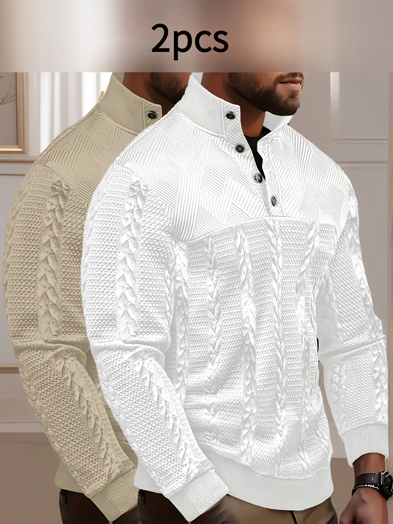 This 2-piece men's jacquard fashion, casual and sporty button stand-up collar casual chic knitwear sweatshirt features a solid jacquard design. It is simple and suitable for casual outings and daily wear Long Sleeve Tops