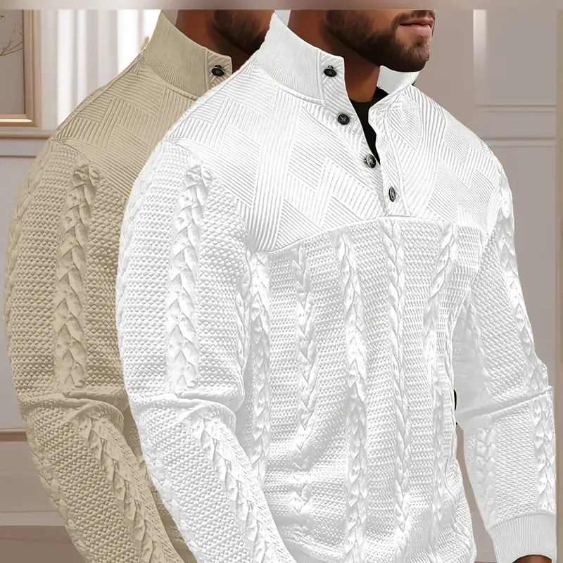 This 2-piece men's jacquard fashion, casual and sporty button stand-up collar casual chic knitwear sweatshirt features a solid jacquard design. It is simple and suitable for casual outings and daily wear Long Sleeve Tops