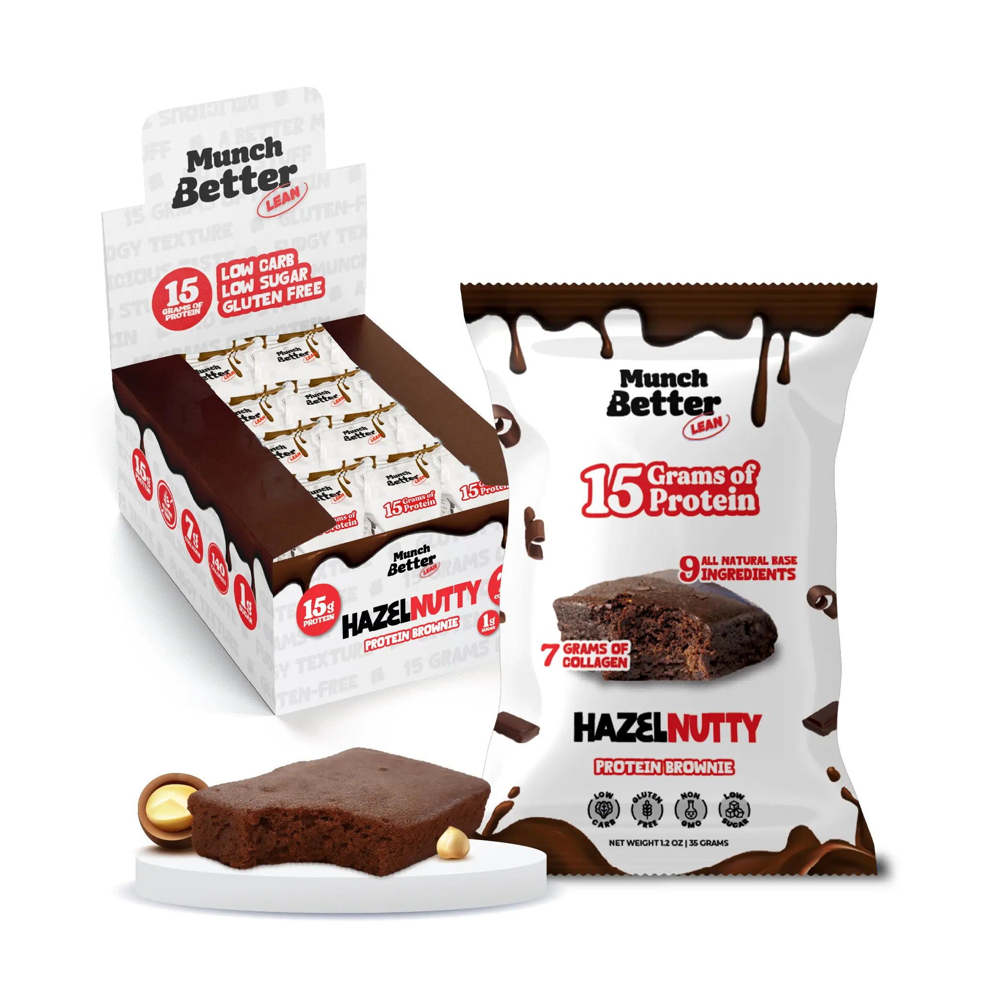 Munch Better High Protein HazelNutty Brownies (12 Pack) 140 Calories - 15g Protein & 7g Carbs - 1g Sugar - Gluten Free Non-GMO Collagen