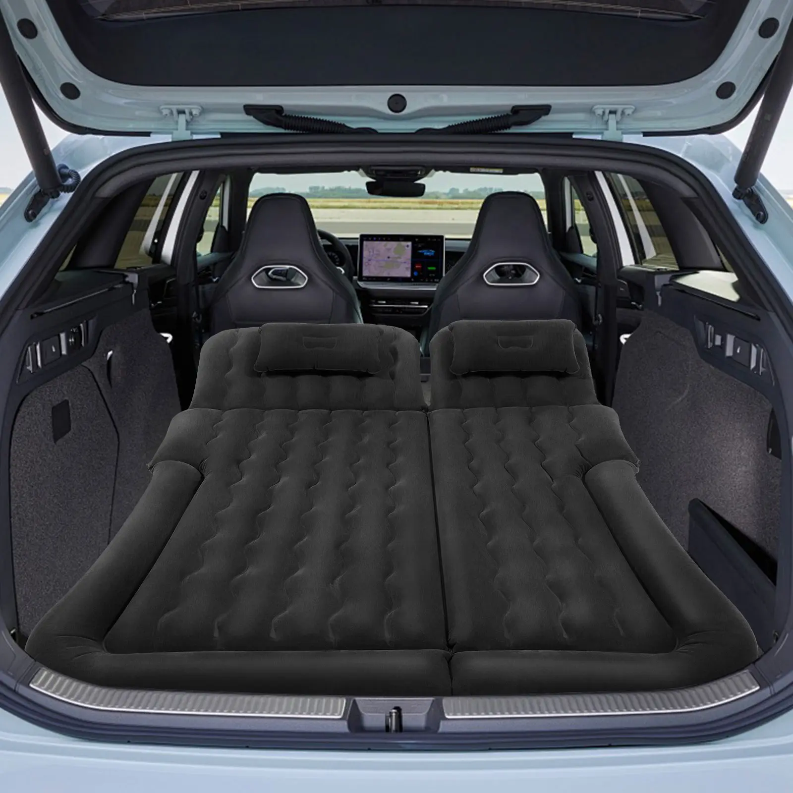 CNCEST Car Air Mattress, Flocked PVC Back Seat Inflating Bed for SUVs and Trucks, Portable for Travel and Camping with Electric Pump & 2 Pillows
