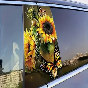 Sunflower & Butterfly Car Pillar Decorative Stickers - Live Toward the Sun, Healing Body Beautification Decals, Fresh Pastoral Style Symmetrical Window Stickers