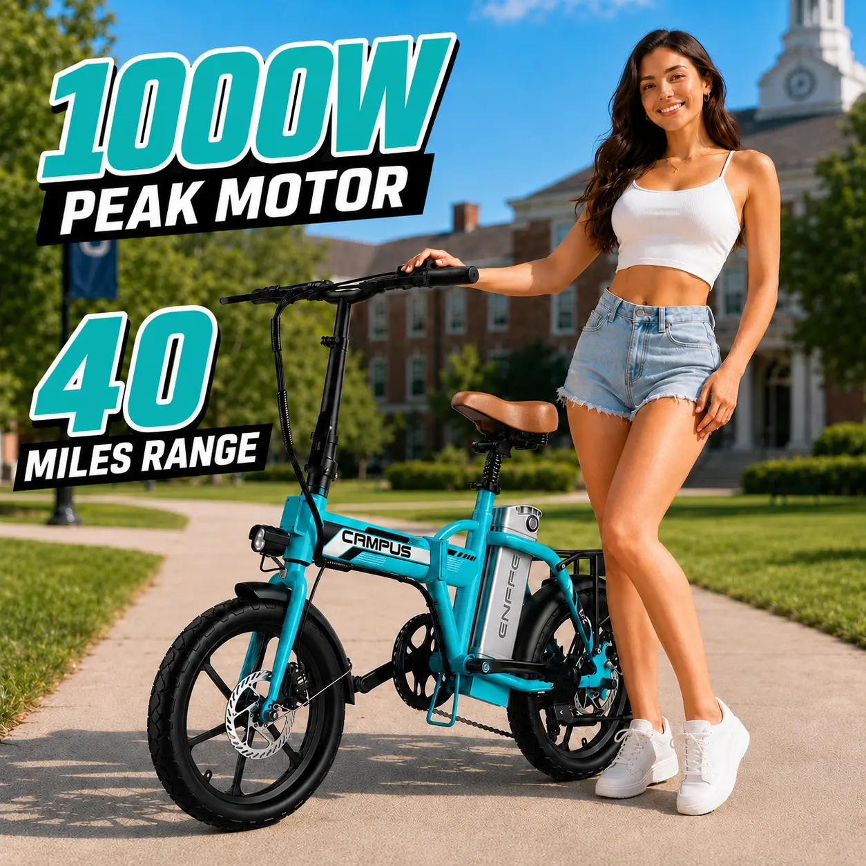 16-Inch Folding Electric Bike for Adults, 1000W Commuter Ebike, 20+ MPH Speed, Up to 40 Mi Range, 3 Riding Modes, Portable Compact E-Bike for Urban Travel, Work Foldable Dual Seat retro
