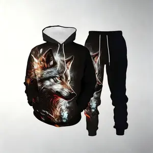 Men's wolf print hoodie and sweatpants set - casual streetwear, polyester blend, machine washable - perfect choice for spring and autumn seasons