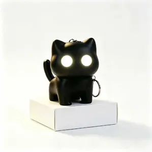 Spooky Cute Black Cat Keychain with LED Light & Sound, Glowing Eyes Kitty Key Ring, Mini Night Light Keychain Charm for Backpack Handbag, Halloween Cat Keychain Gift for Women Men Kids