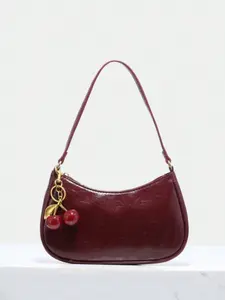 Women's Retro Underarm Shoulder Bag With Cherry Pendant, Zipper Closure, Wine Red/Black