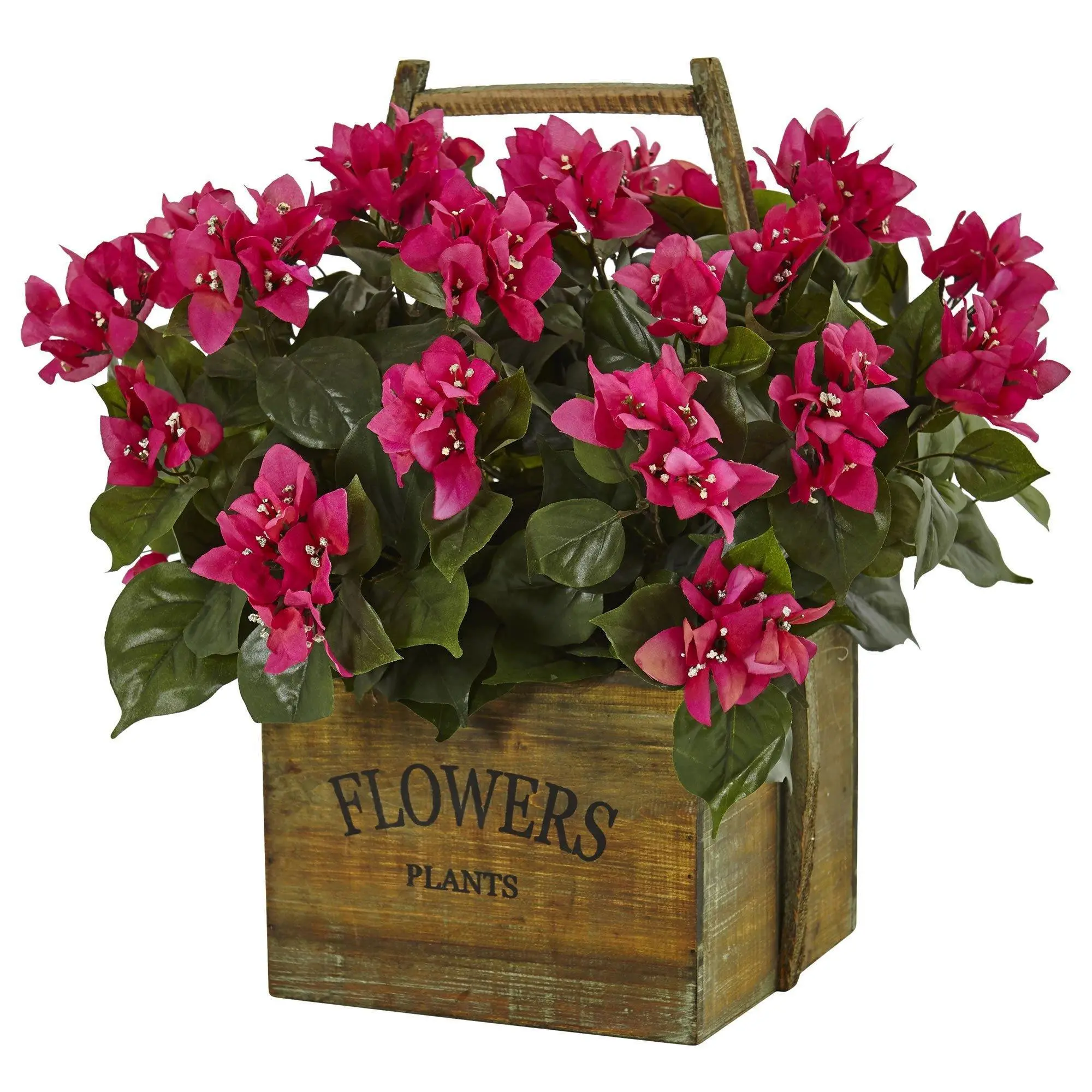 Colorful Artificial Faux Bougainvillea - Large Decorative Floral Arrangement Centerpiece in Rustic Wooden Planter for Kitchen Counter, Shady Porch Home Decor