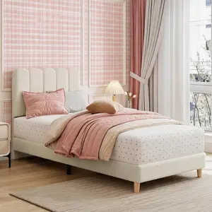 Garvee Upholstered Twin Bed Frame – Cute Boucle Platform Bed with Wave Headboard for Kids, Girls, and Boys – No Box Spring Needed – Wooden Slats Support – Noise-Free Design – Beige