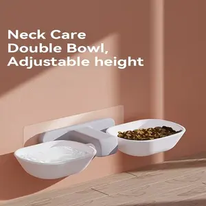 Adjustable Wall-Mounted Elevated Cat Feeder, Dual Bowls for Food and Water, Easy Installation, Reduces Neck Pressure