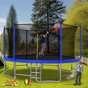 Mersco 16ft Trampoline for Kids and Adults,Outdoor Trampoline with Enclosure,Basketball Hoop and Ladder,Upright-Poled Backyard Trampoline with Total Loading 1320Lbs,Birthday Gift,Blue, Ground Trampoline, Heavy Duty Trampoline, Upright Pole,summerwins