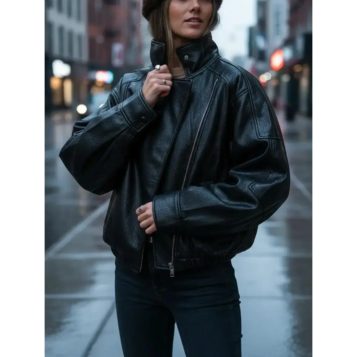 Black Faux Leather Jacket Stand Collar Oversized Moto Biker Jacket Elastic Hem Streetwear Casual Long Sleeve Waterproof Windproof Outerwear for Spring & Fall, Ladies Clothes for Daily Wear Casual Chic Outerwear