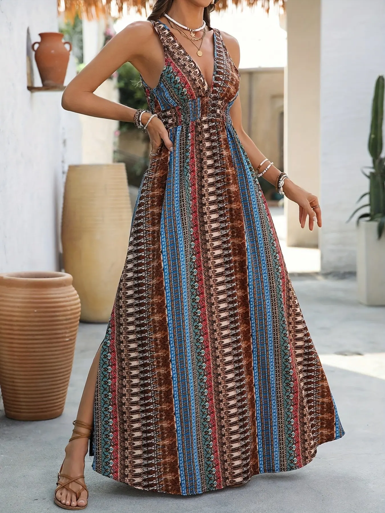 Boho Geometric Striped All Over Print Deep V Neck Long Dress, Sleeveless Waist Cinch Split Flowy Maxi, Women's Casual Summer Beach Vacation Dress Bohemian, Boho Chic Style Sundresses