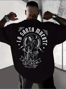 La Santa Muerte Graphic Tee Loose Streetwear Menswear - Men's Chicano Casual Style Vintage Skull Tattoo T-Shirt