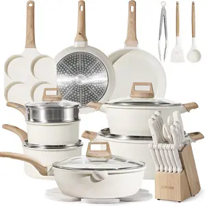 35pcs Ceramic Pots and Pans Set, Nonstick Cookware Sets, White Granite Induction Cookware with Kitchen Knife Set