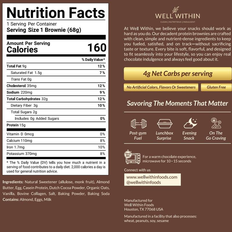 Well Within Cocoa Fudge Protein Brownie - Clean Ingredients, 15g Protein, 2g Sugar 160 Calories