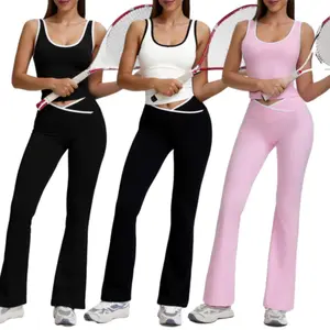 Women's 2-Piece Workout Set Sleeveless Yoga Top & Flared Pants High Waisted Gym Lounge Athletic Outfit for Women