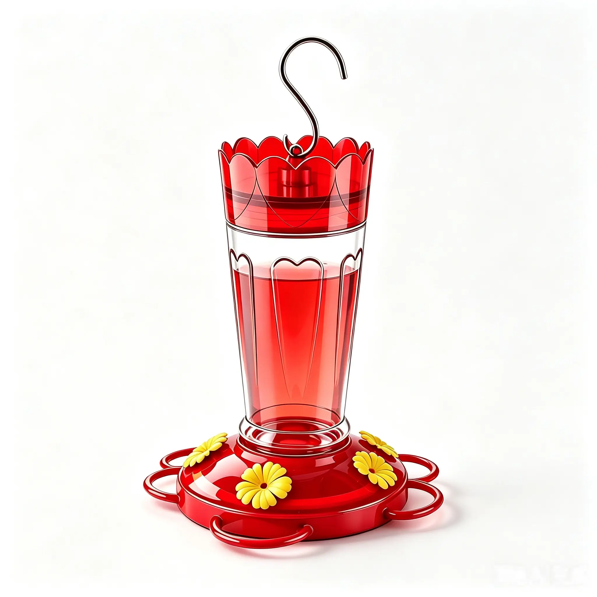 Glass Hummingbird Feeder, 6 oz leak-proof nectar feeder for outdoor hanging, bee guards, ant moat, 4 metal flower ports, 360° perch ring, easy refill & clean, red bird feeder