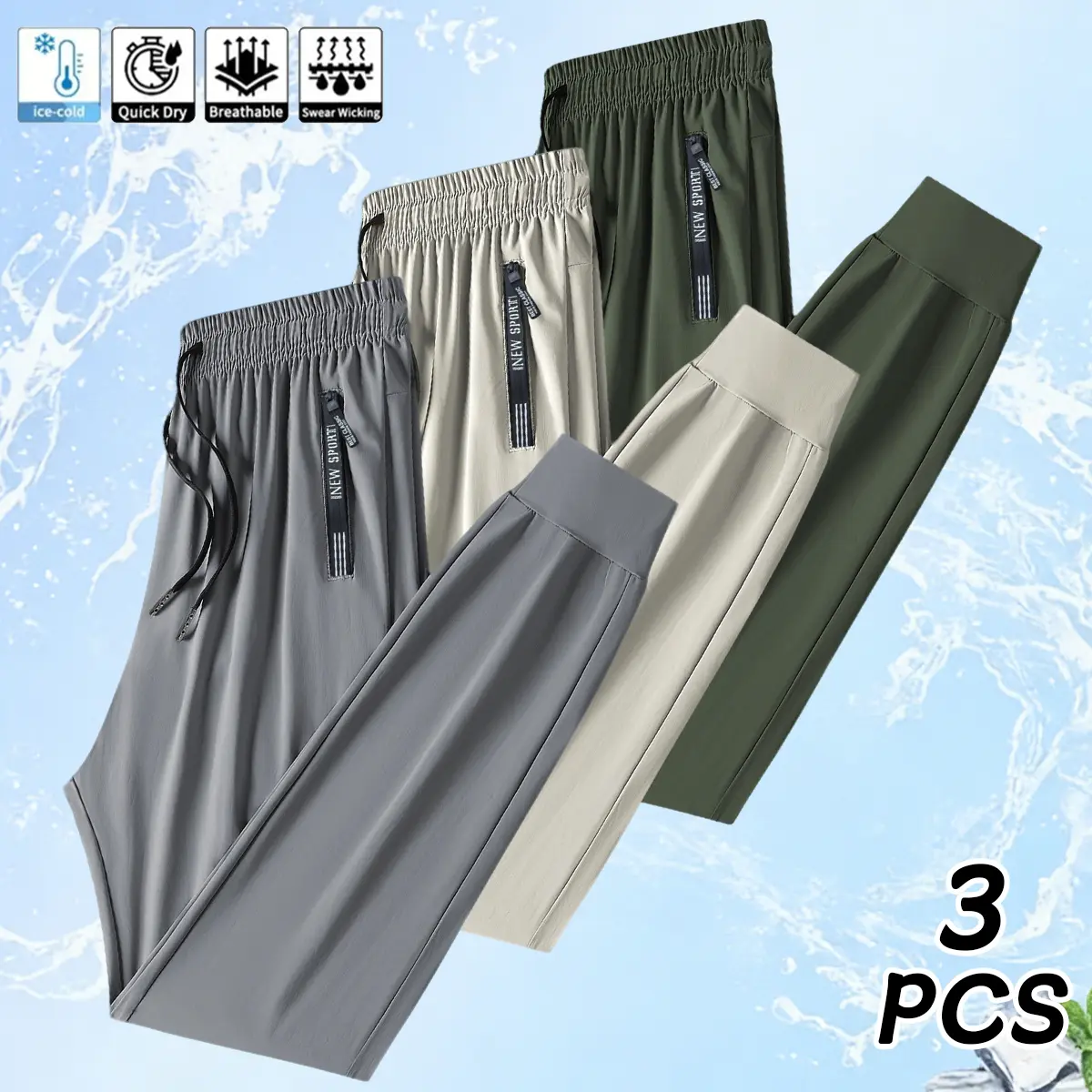 Men’s jogger pants 3-piece set made from breathable ice silk high-stretch fabric, featuring a drawstring waistband and zippered pockets. Casual jogger pants are perfect for weekend outings, available in solid colors and a regular fit.